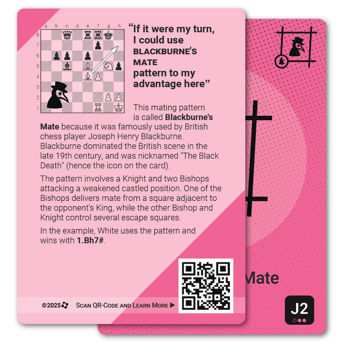 Blackburne's Mate strategy card with definition, diagram and tips - back