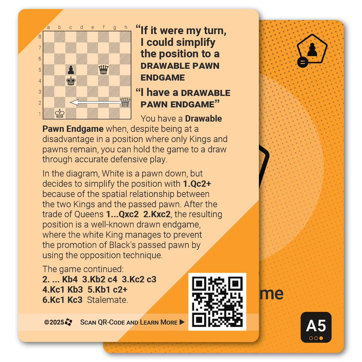 Drawable Pawn Endgame strategy card with definition, diagram and tips - back