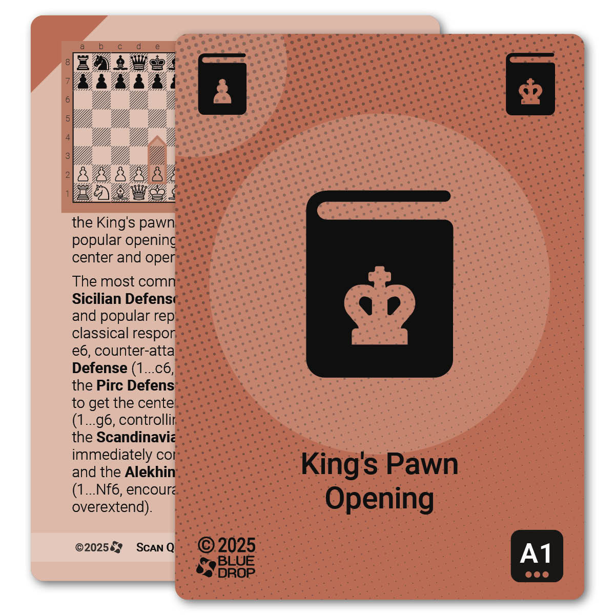 King's Pawn Opening strategy card with definition, diagram and tips - front