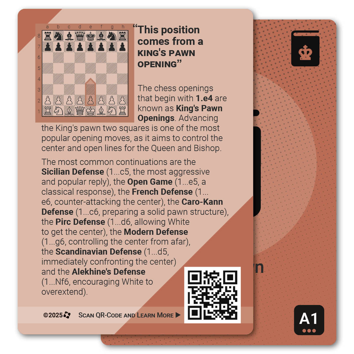 King's Pawn Opening strategy card with definition, diagram and tips - back