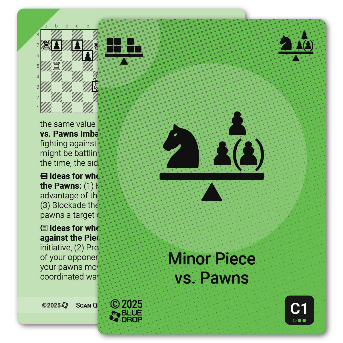 Minor Piece vs. Pawns strategy card with definition, diagram and tips - front