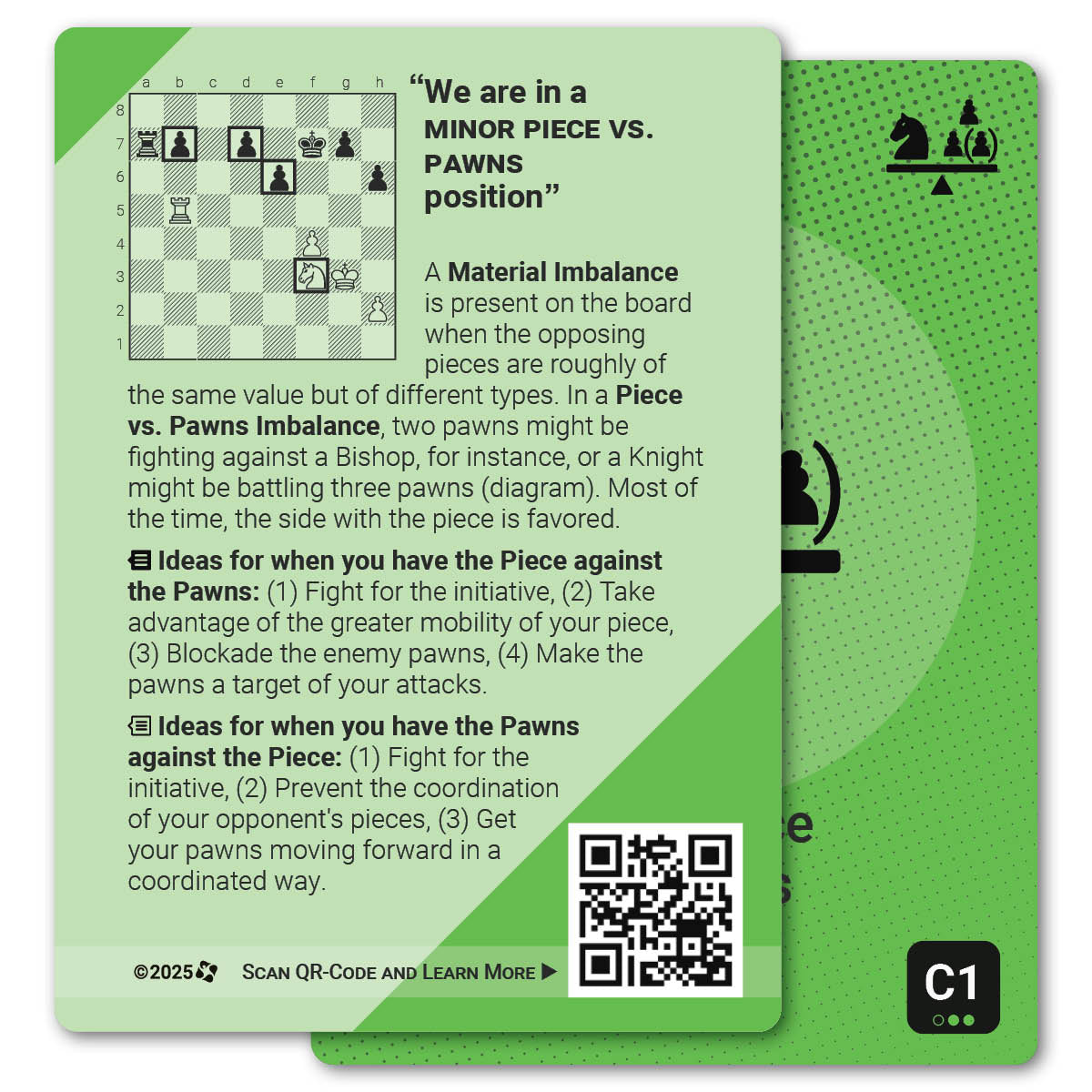Minor Piece vs. Pawns strategy card with definition, diagram and tips - back