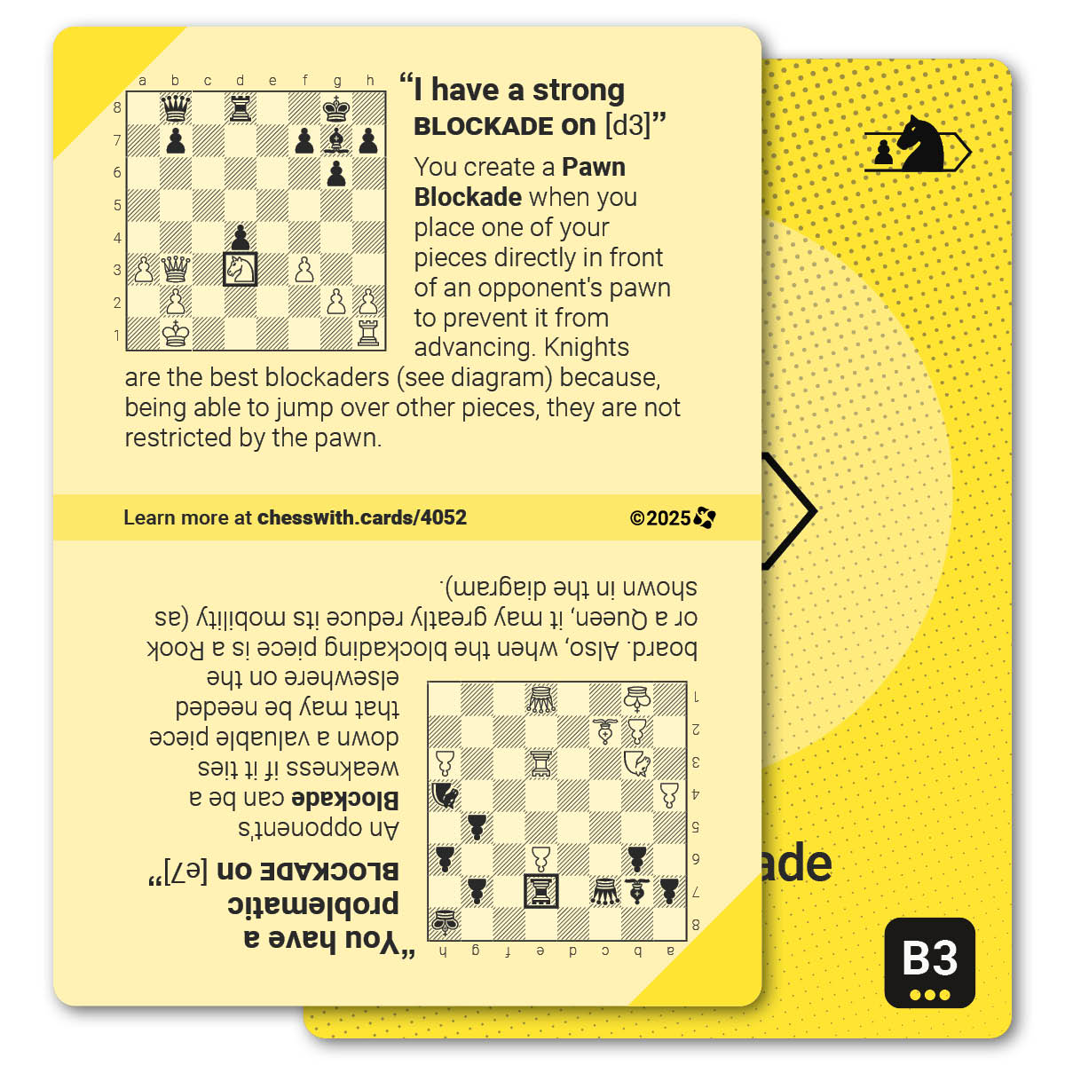 Pawn Blockade strategy card with definition, diagram and tips - back