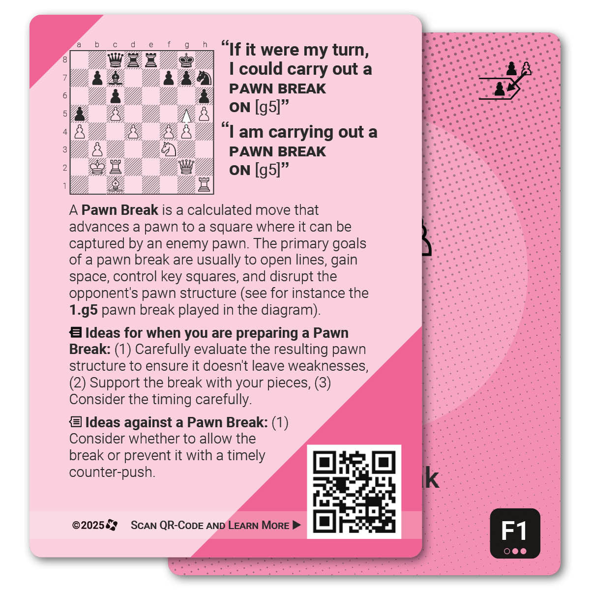Pawn Break strategy card with definition, diagram and tips - back