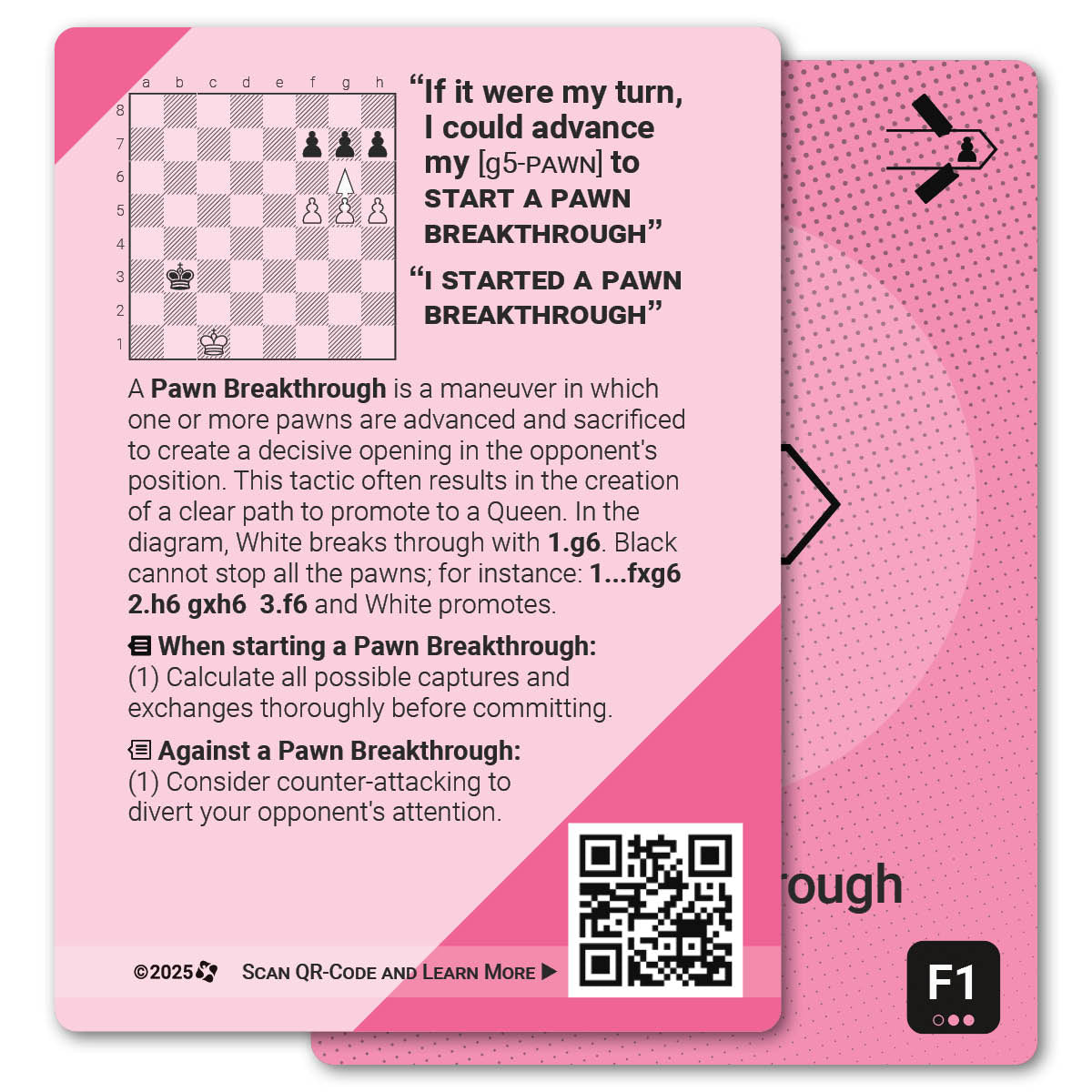 Pawn Breakthrough strategy card with definition, diagram and tips - back