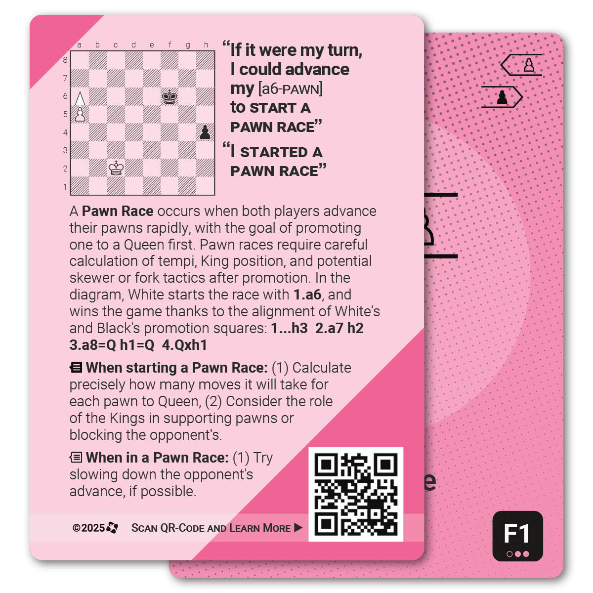 Pawn Race strategy card with definition, diagram and tips - back