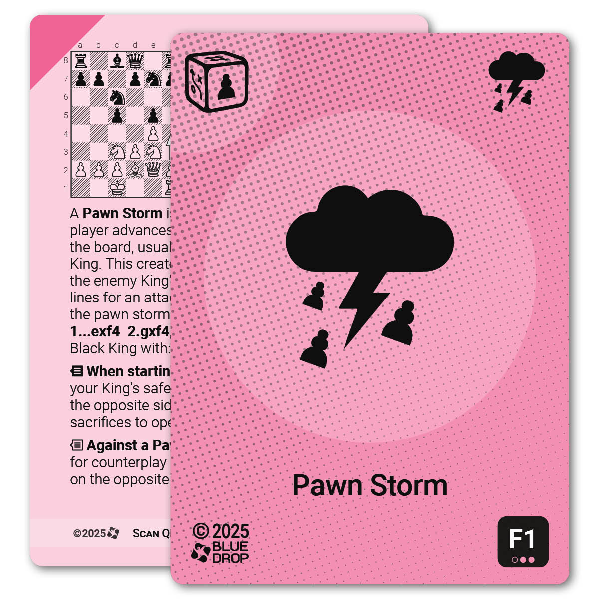 Pawn Storm strategy card with definition, diagram and tips - front