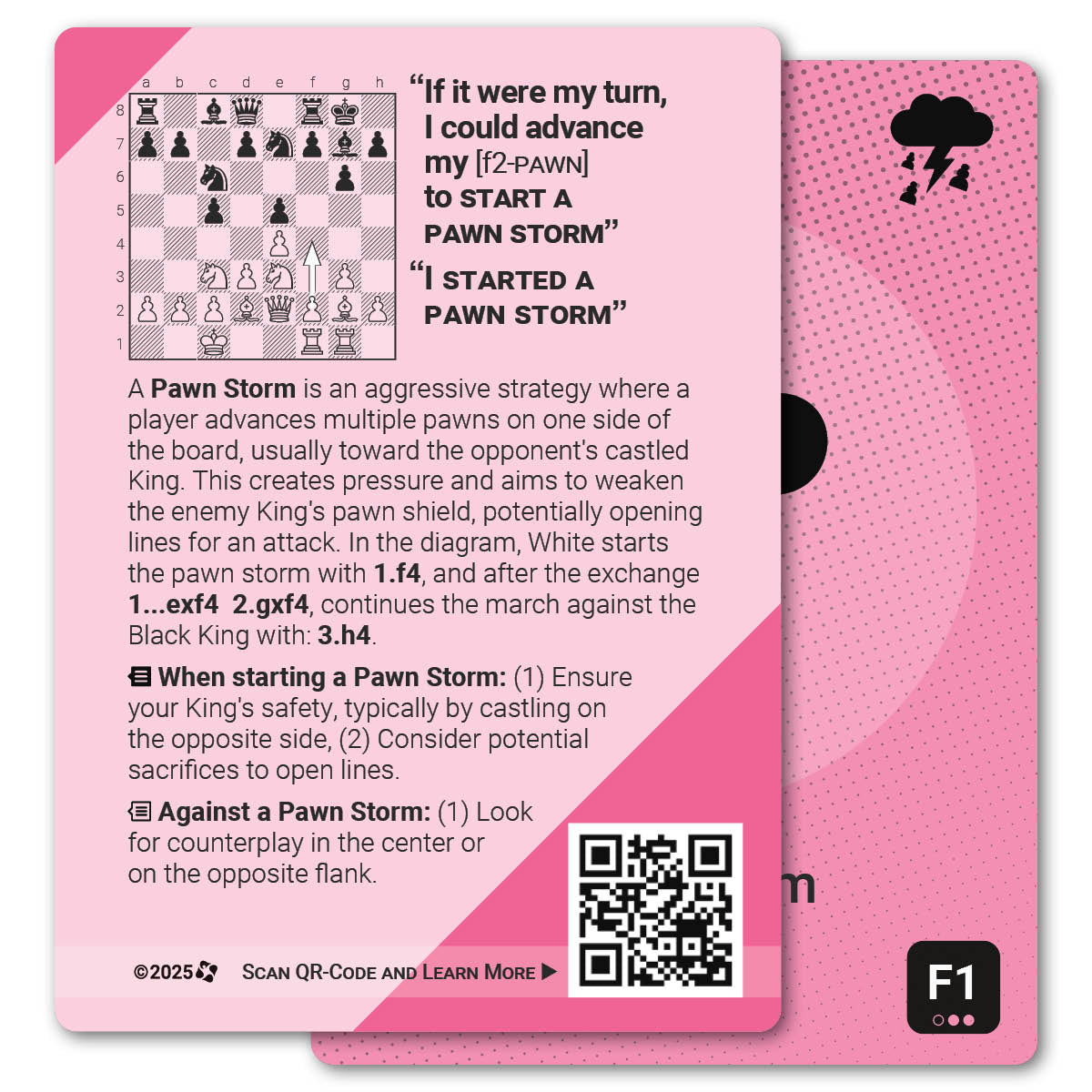 Pawn Storm strategy card with definition, diagram and tips - back
