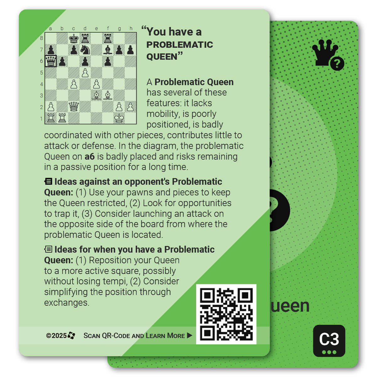 Problematic Queen strategy card with definition, diagram and tips - back