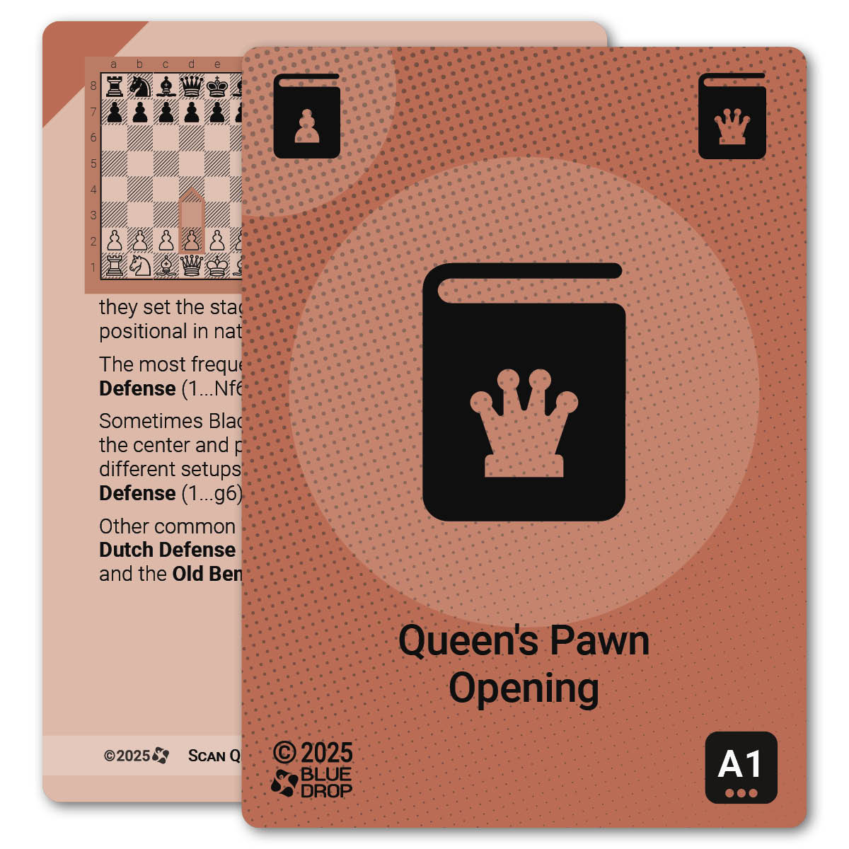 Queen's Pawn Opening strategy card with definition, diagram and tips - front
