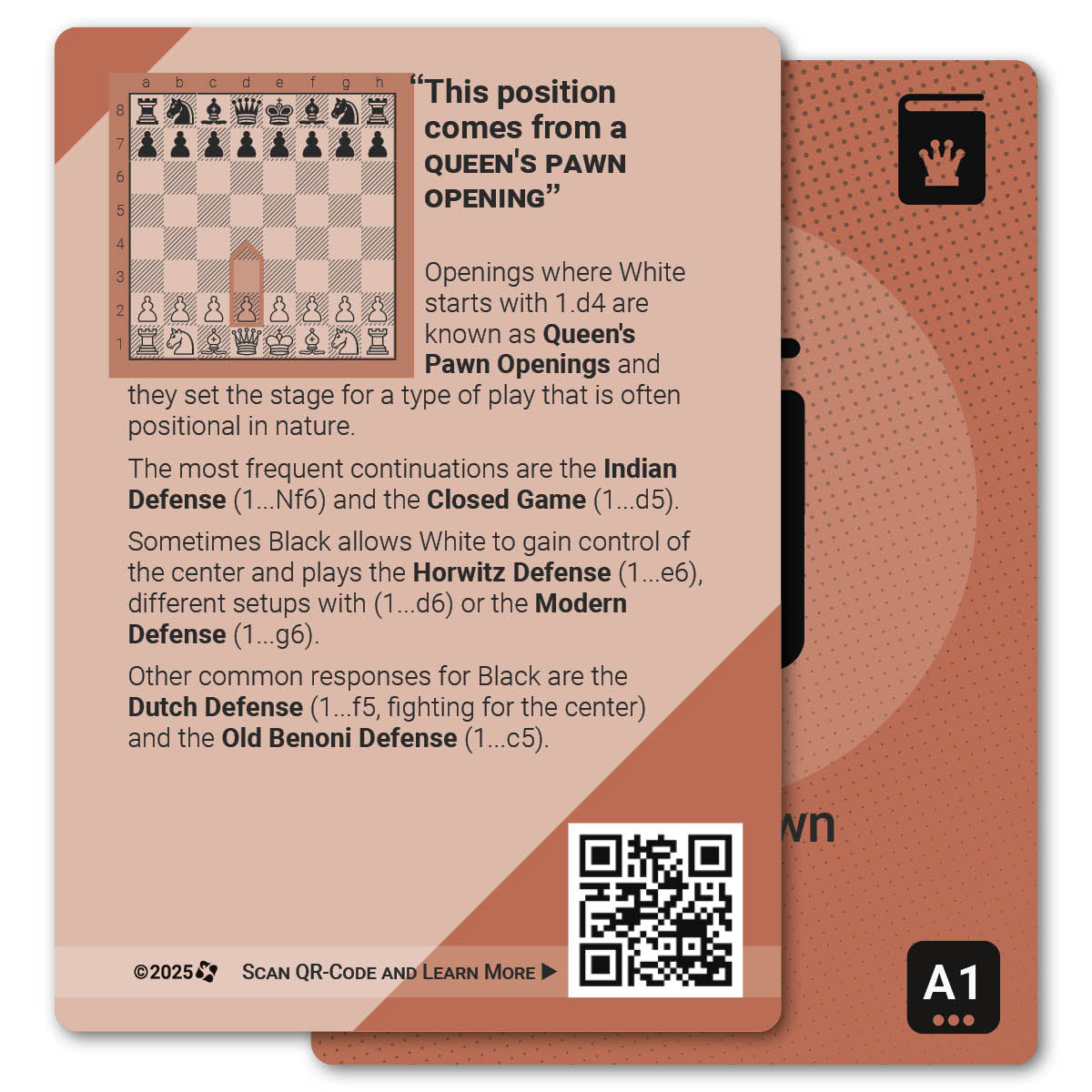 Queen's Pawn Opening strategy card with definition, diagram and tips - back