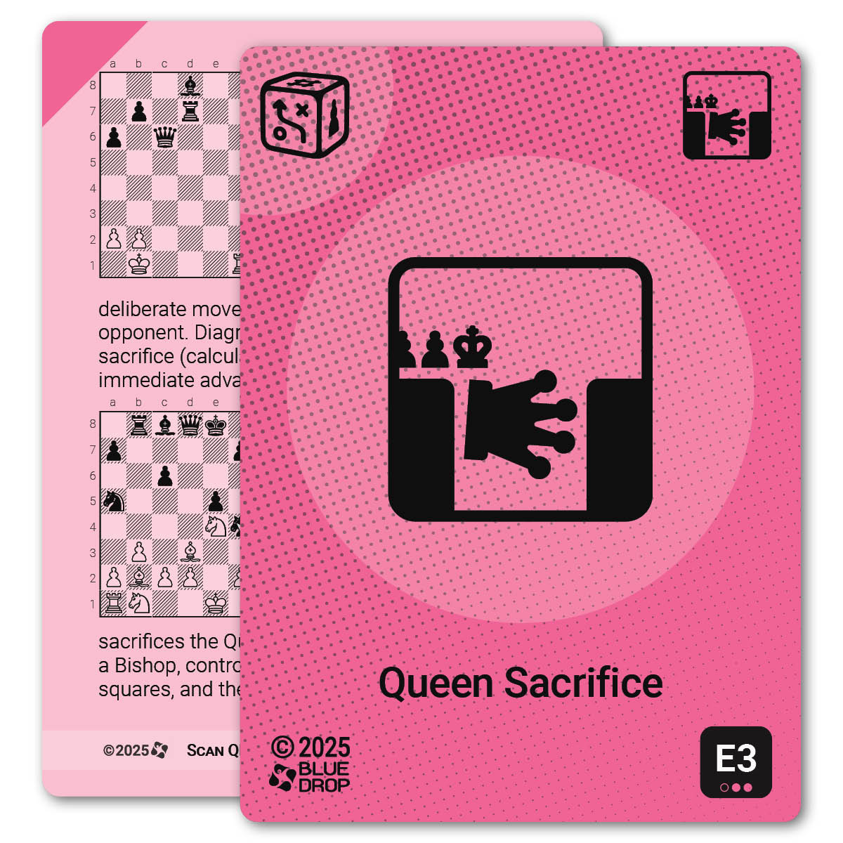 Queen Sacrifice strategy card with definition, diagram and tips - front
