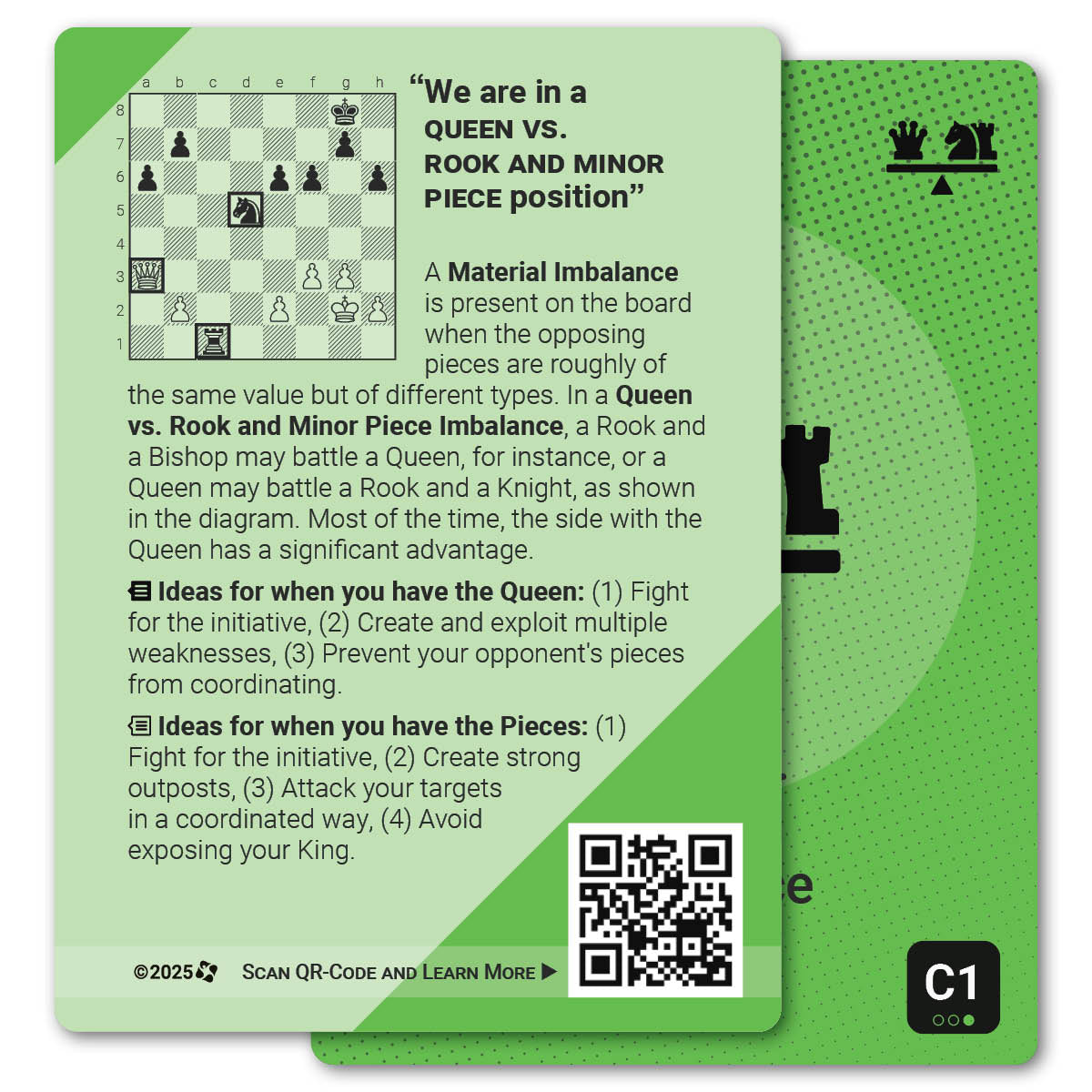 Queen vs. Rook and Minor Piece strategy card with definition, diagram and tips - back