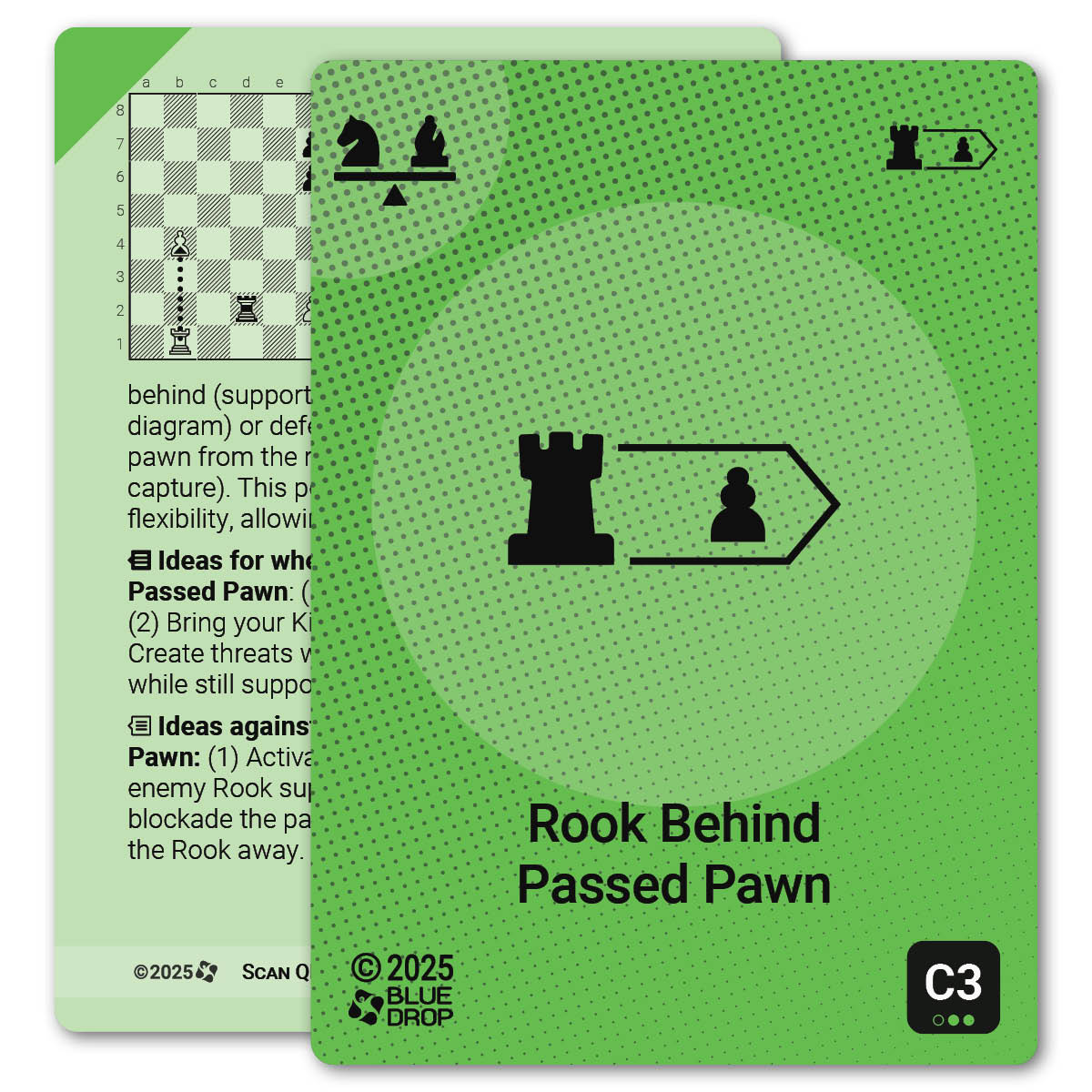 Rook Behind Passed Pawn strategy card with definition, diagram and tips - front