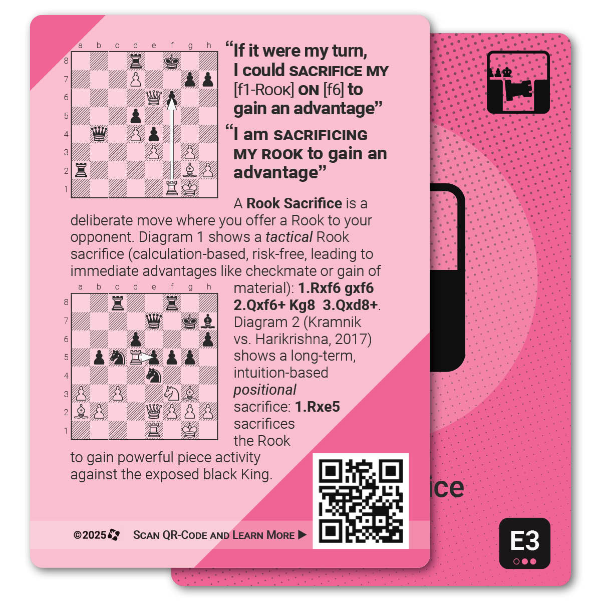Rook Sacrifice strategy card with definition, diagram and tips - back