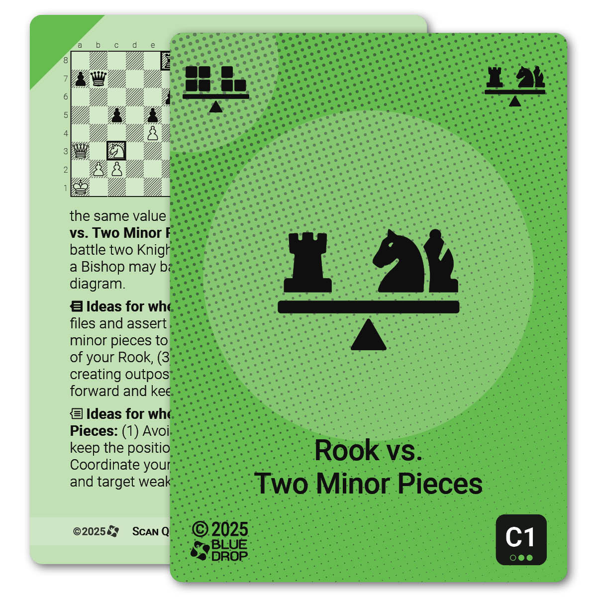 Rook vs. Two Minor Pieces strategy card with definition, diagram and tips - front