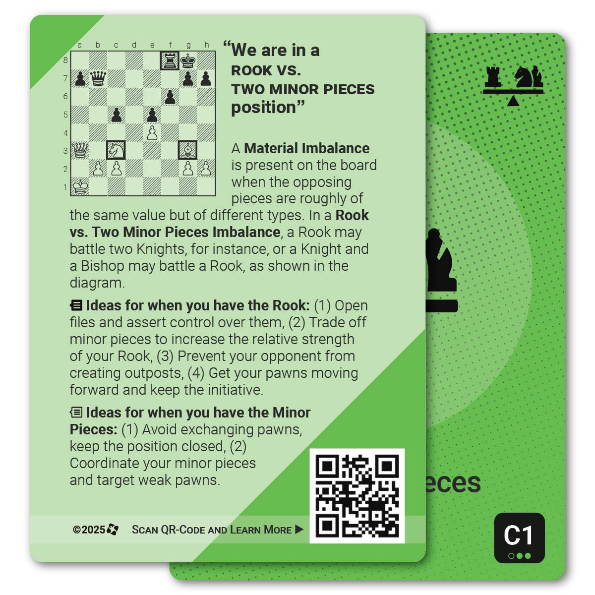 Rook vs. Two Minor Pieces strategy card with definition, diagram and tips - back
