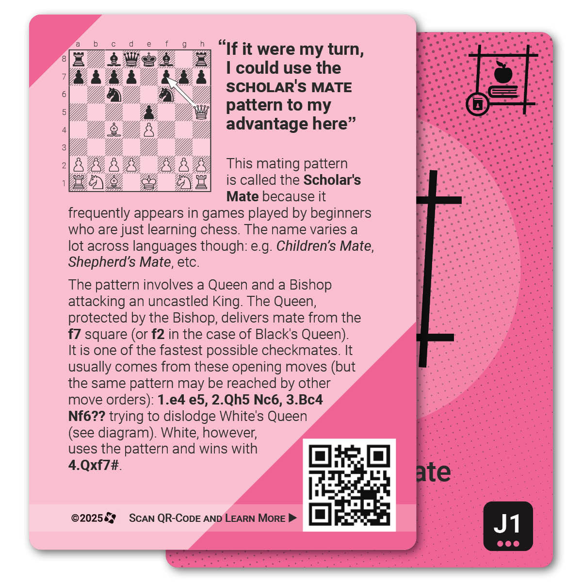 Scholar's Mate strategy card with definition, diagram and tips - back