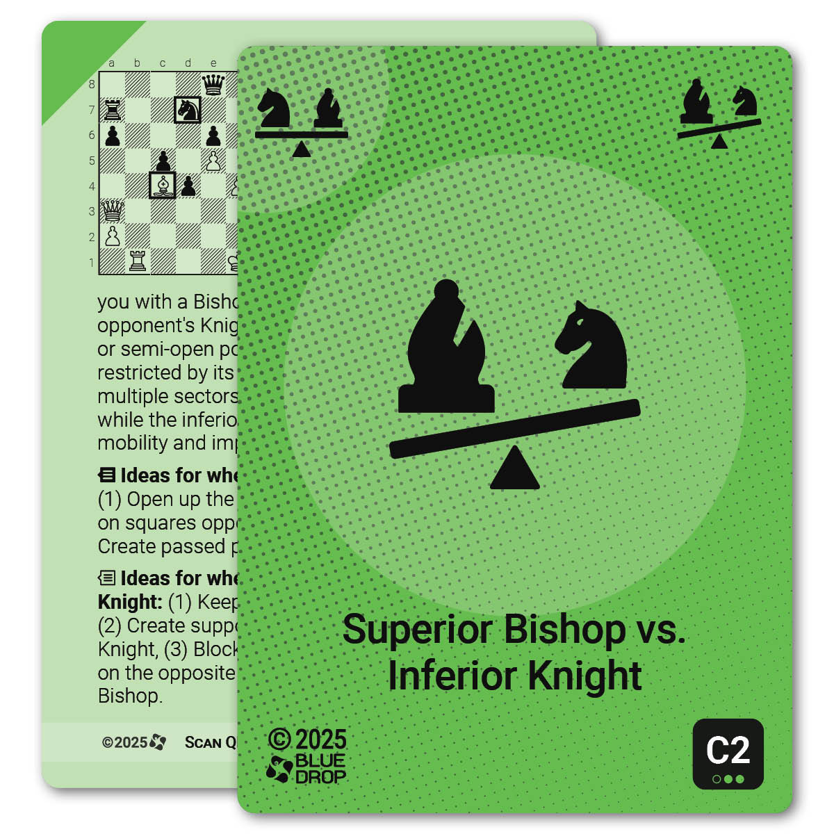 Superior Bishop vs. Inferior Knight strategy card with definition, diagram and tips - front