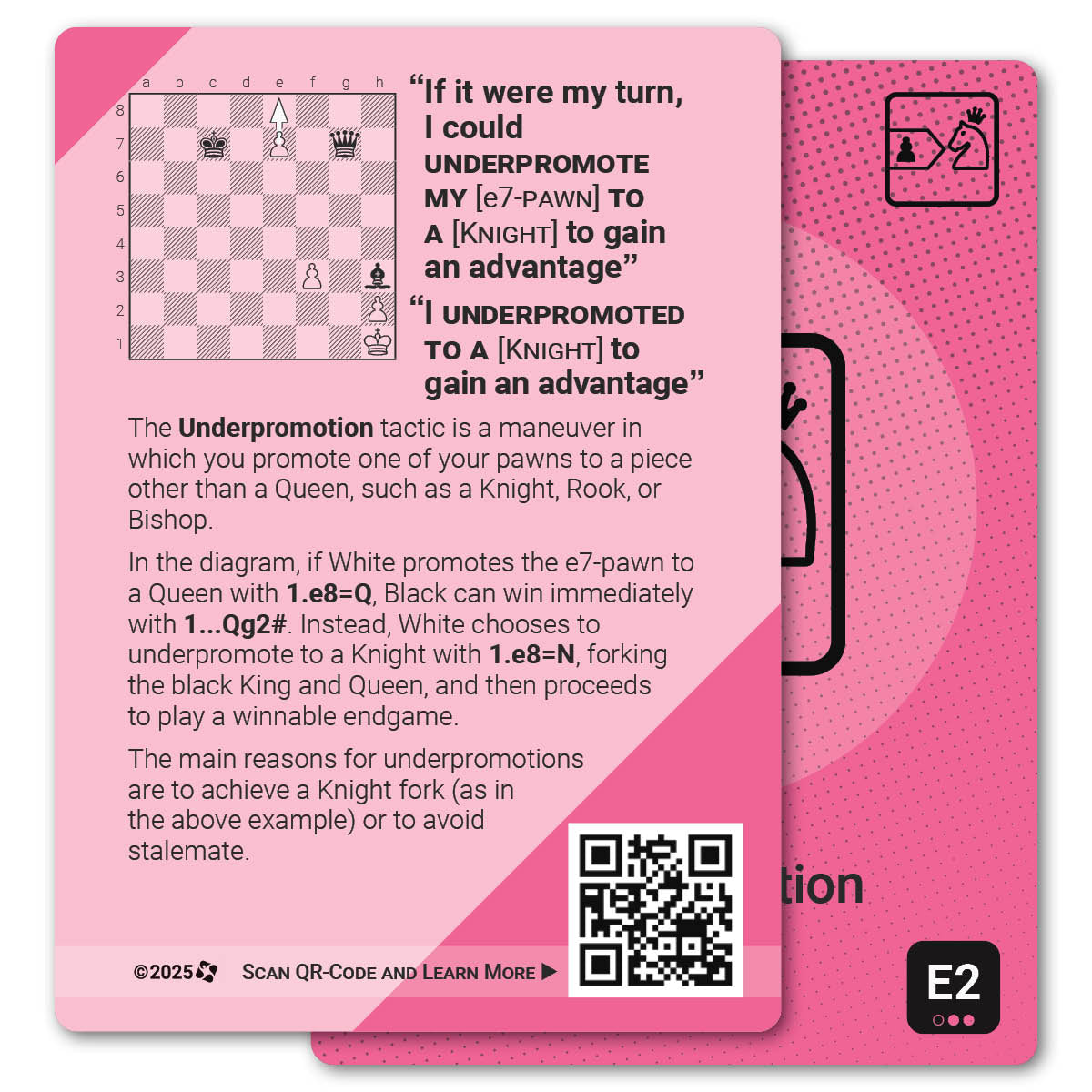 Underpromotion strategy card with definition, diagram and tips - back