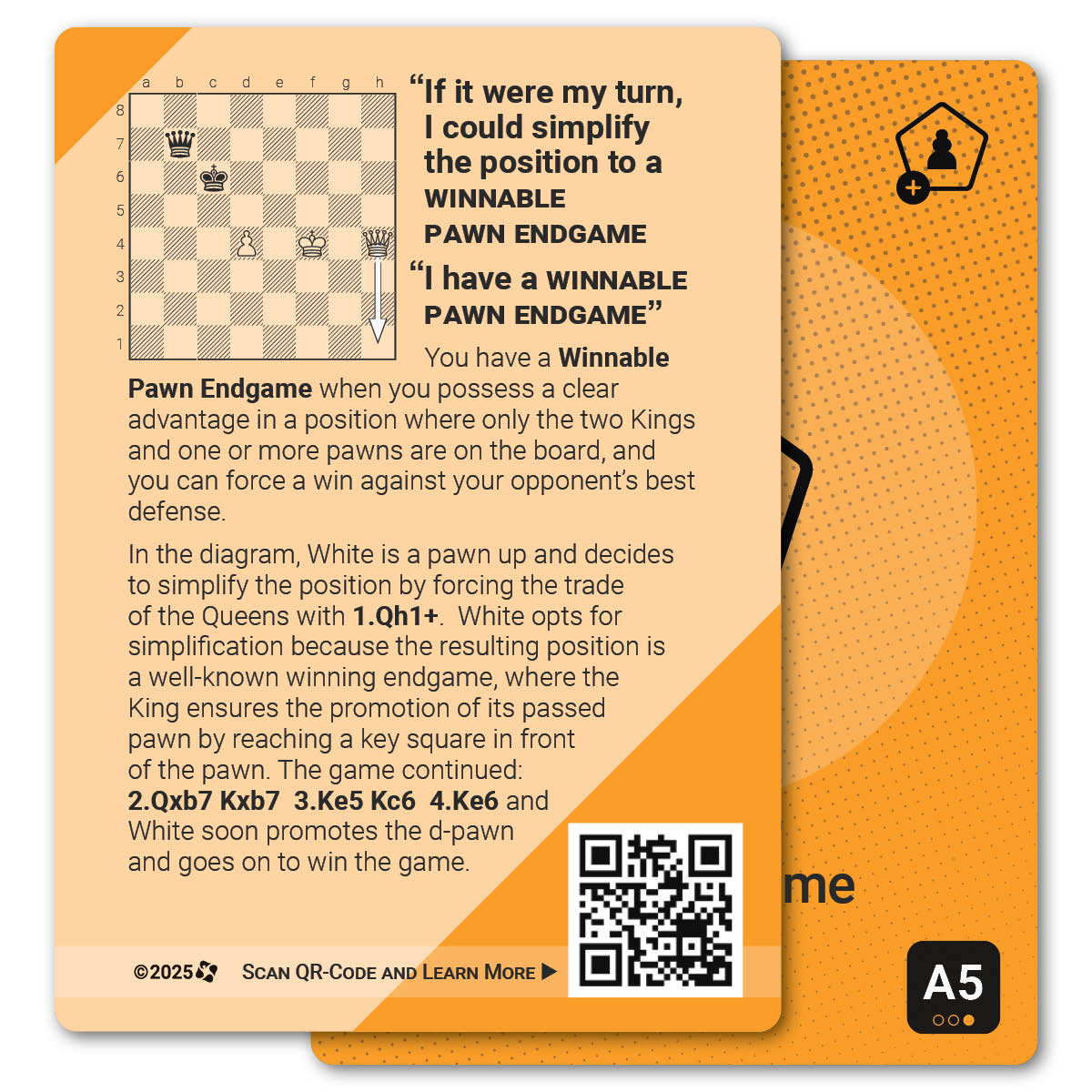 Winnable Pawn Endgame strategy card with definition, diagram and tips - back