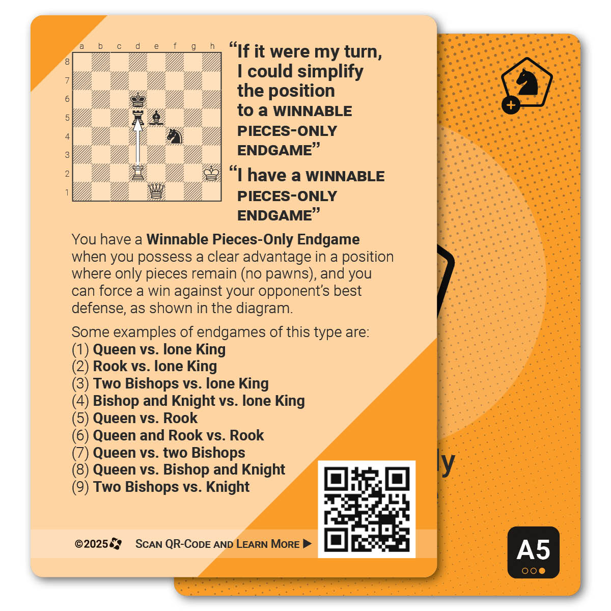Winnable Pieces-Only Endgame strategy card with definition, diagram and tips - back