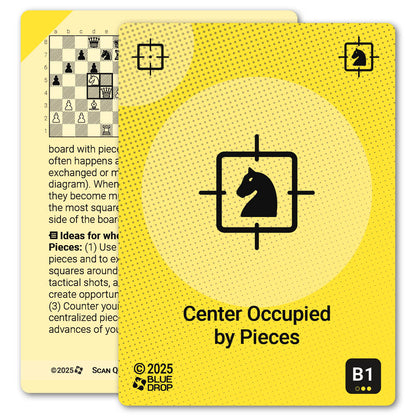 Center Occupied by Pieces strategy card with definition, diagram and tips - front