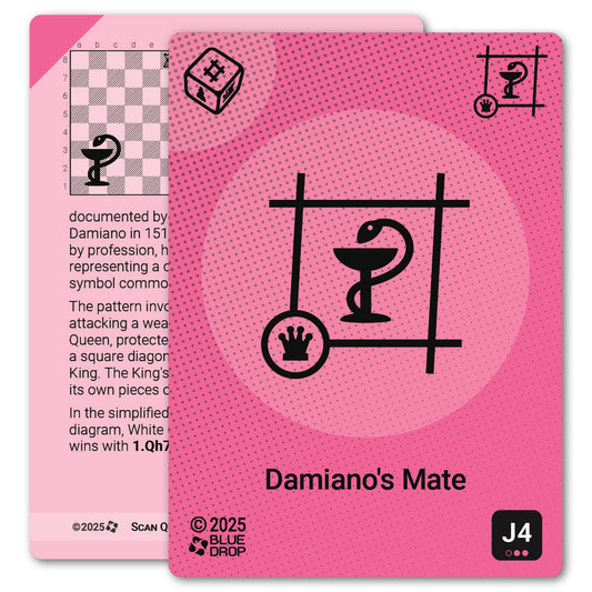 Damiano's Mate strategy card with definition, diagram and tips - front