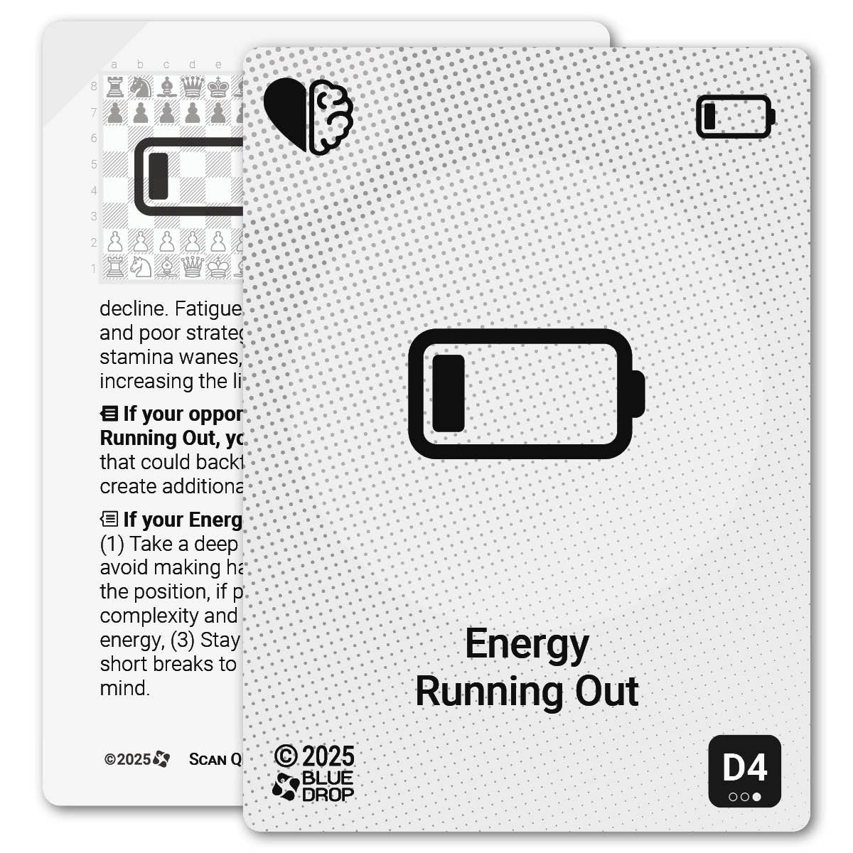 Energy Running Out strategy card with definition, diagram and tips - front