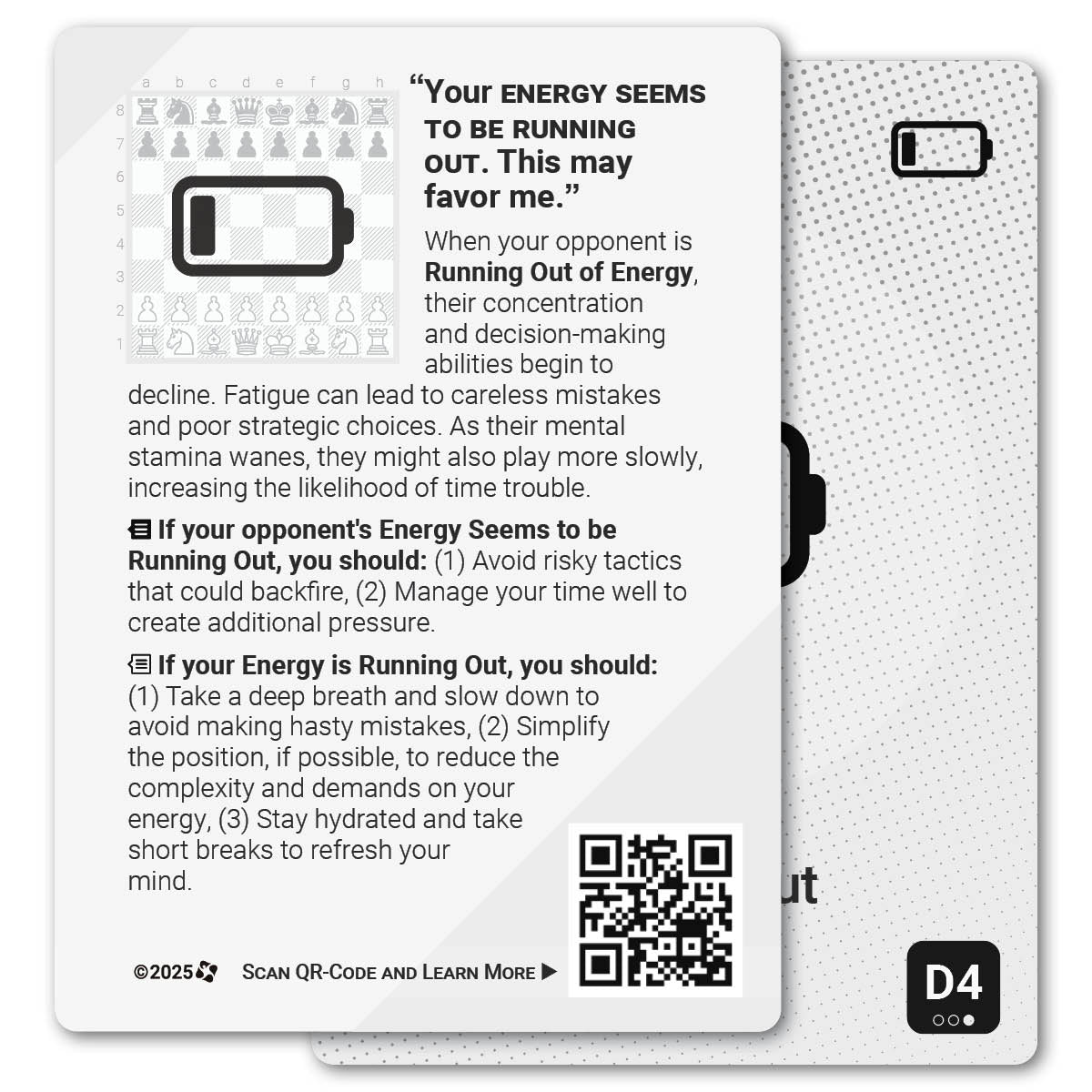 Energy Running Out strategy card with definition, diagram and tips - back