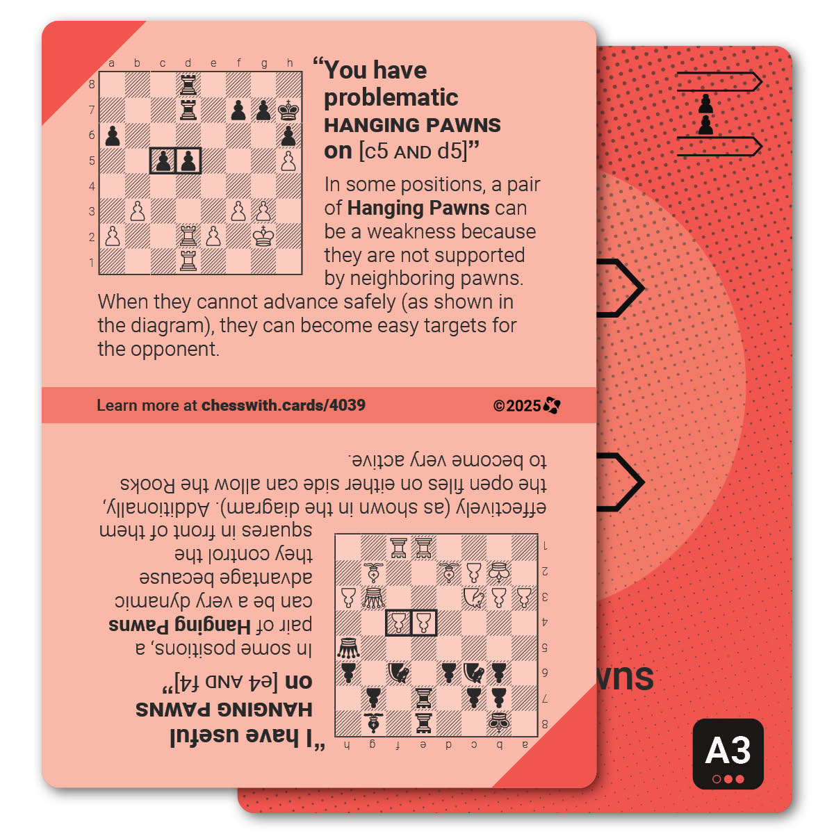Hanging Pawns strategy card with definition, diagram and tips - back