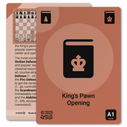 King's Pawn Opening strategy card with definition, diagram and tips - front
