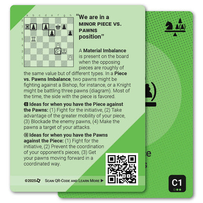 Minor Piece vs. Pawns strategy card with definition, diagram and tips - back