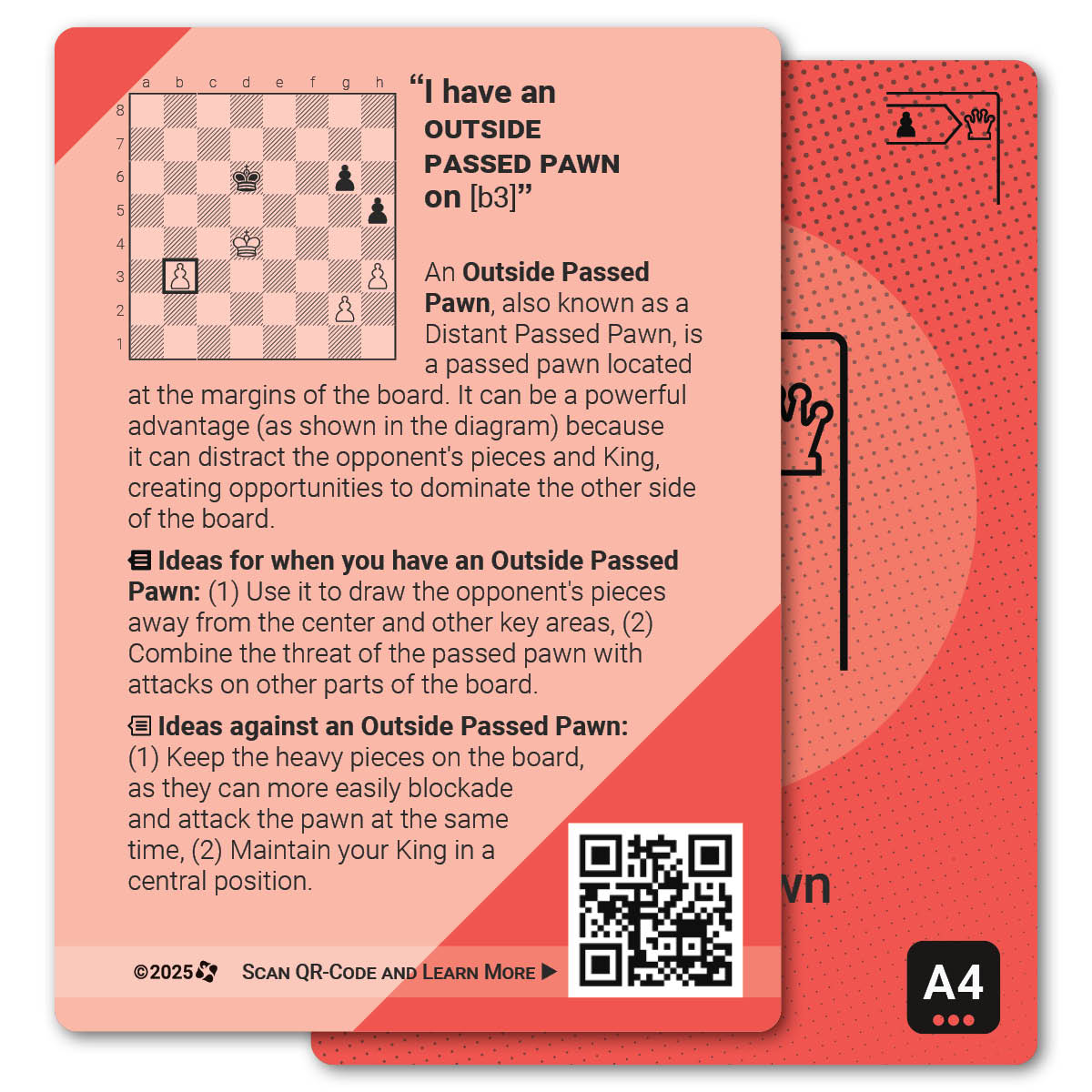 Outside Passed Pawn strategy card with definition, diagram and tips - back