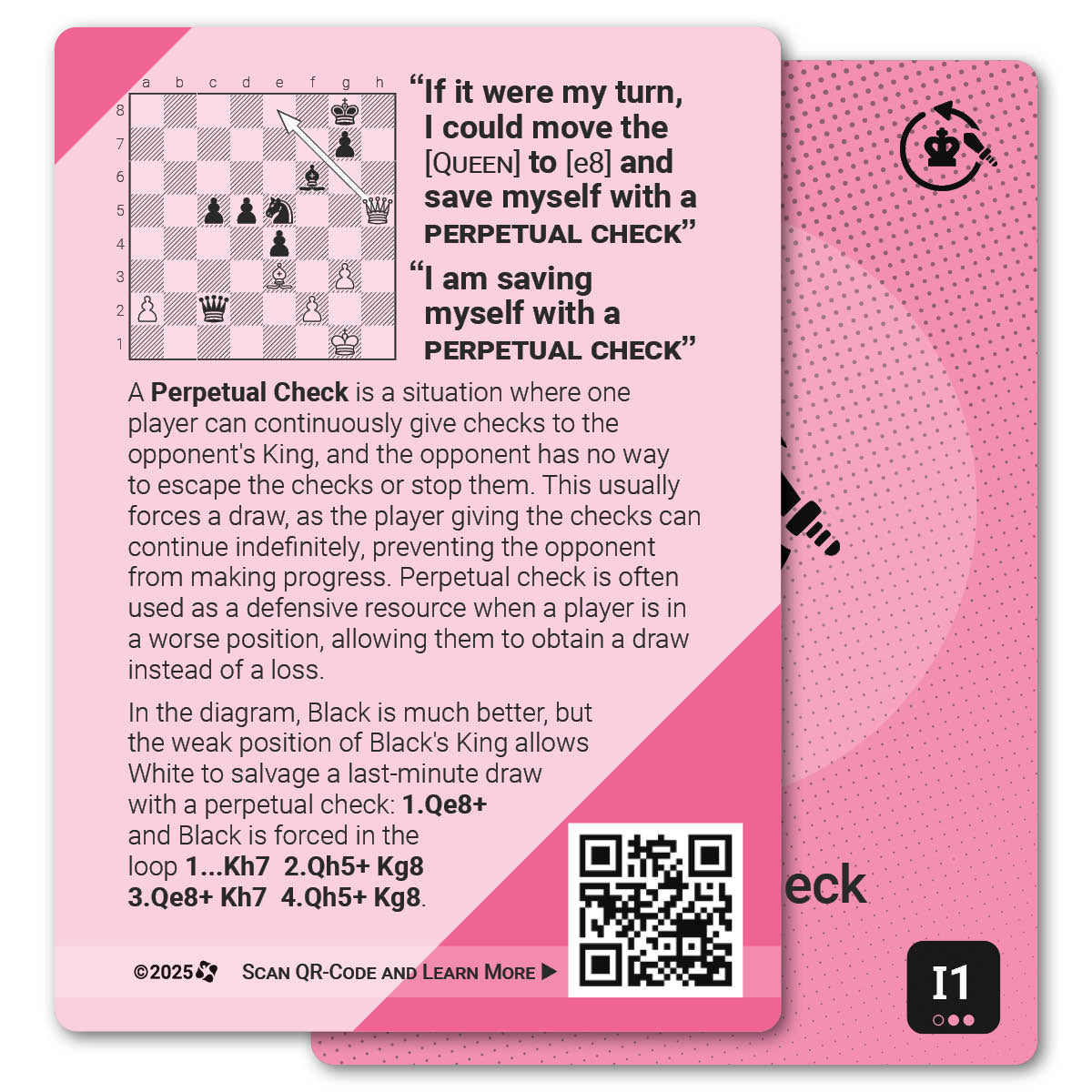 Perpetual Check strategy card with definition, diagram and tips - back