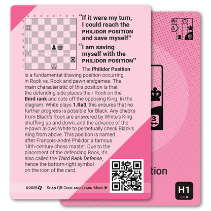 Philidor Position strategy card with definition, diagram and tips - back