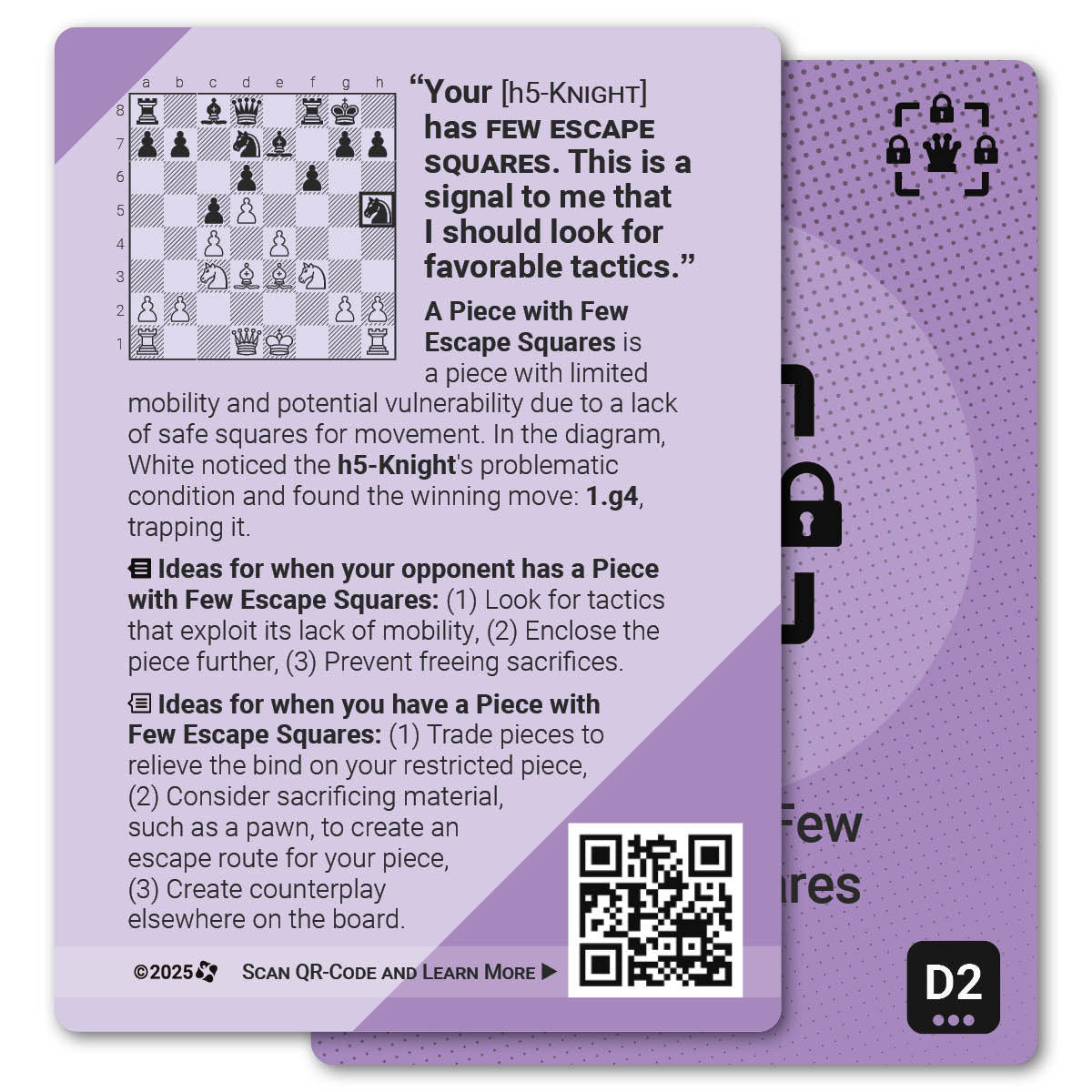 Pieces with Few Escape Squares strategy card with definition, diagram and tips - back
