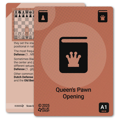 Queen's Pawn Opening strategy card with definition, diagram and tips - front