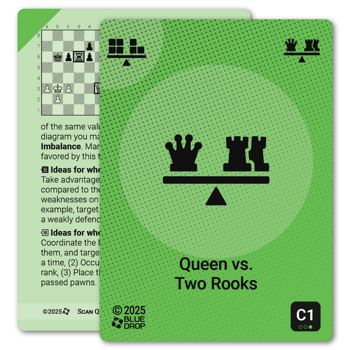 Queen vs. Two Rooks strategy card with definition, diagram and tips - front