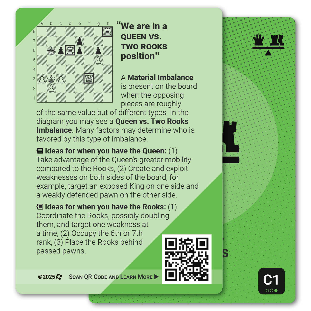 Queen vs. Two Rooks strategy card with definition, diagram and tips - back