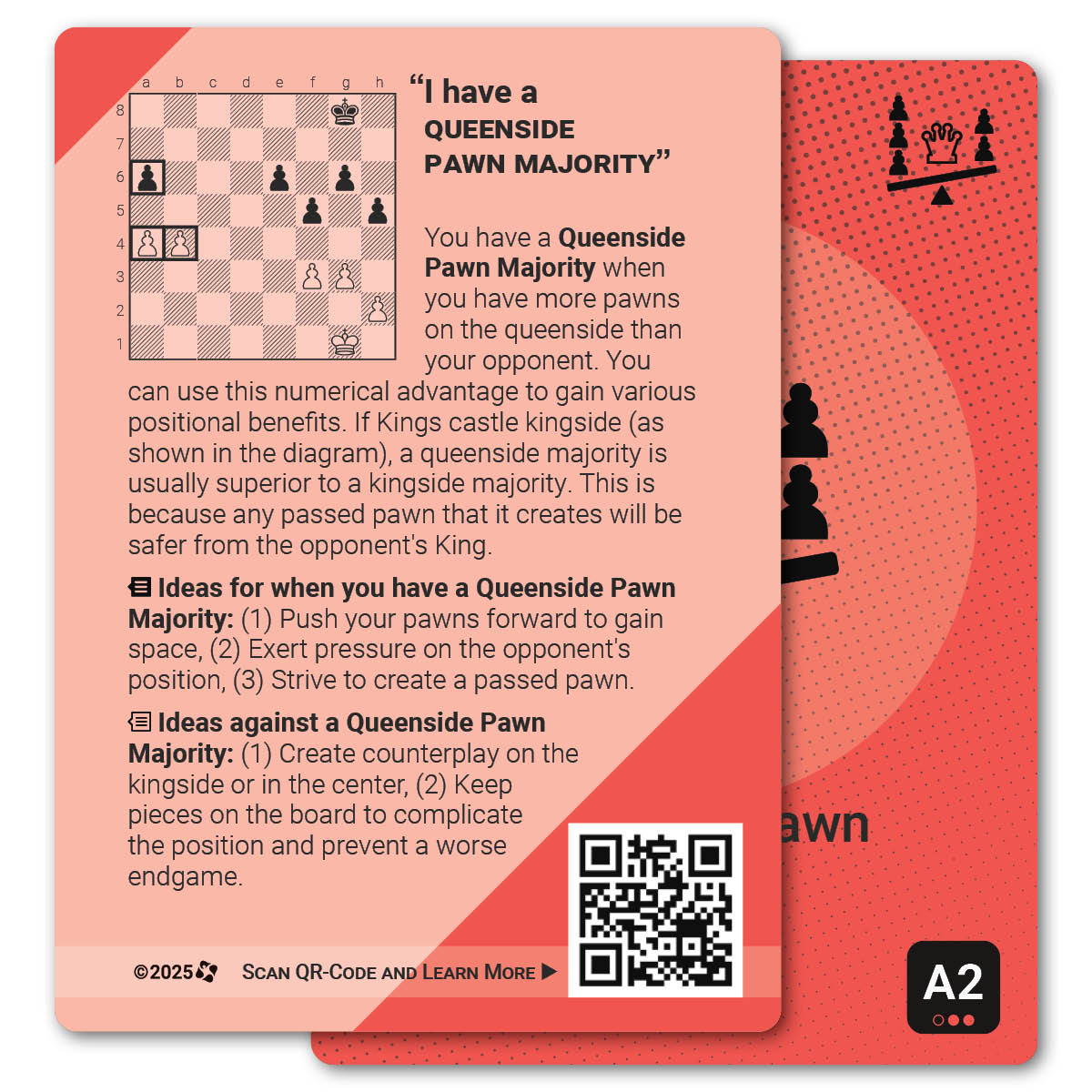 Queenside Pawn Majority strategy card with definition, diagram and tips - back