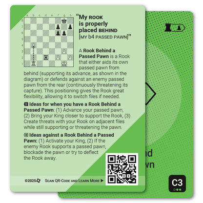 Rook Behind Passed Pawn strategy card with definition, diagram and tips - back