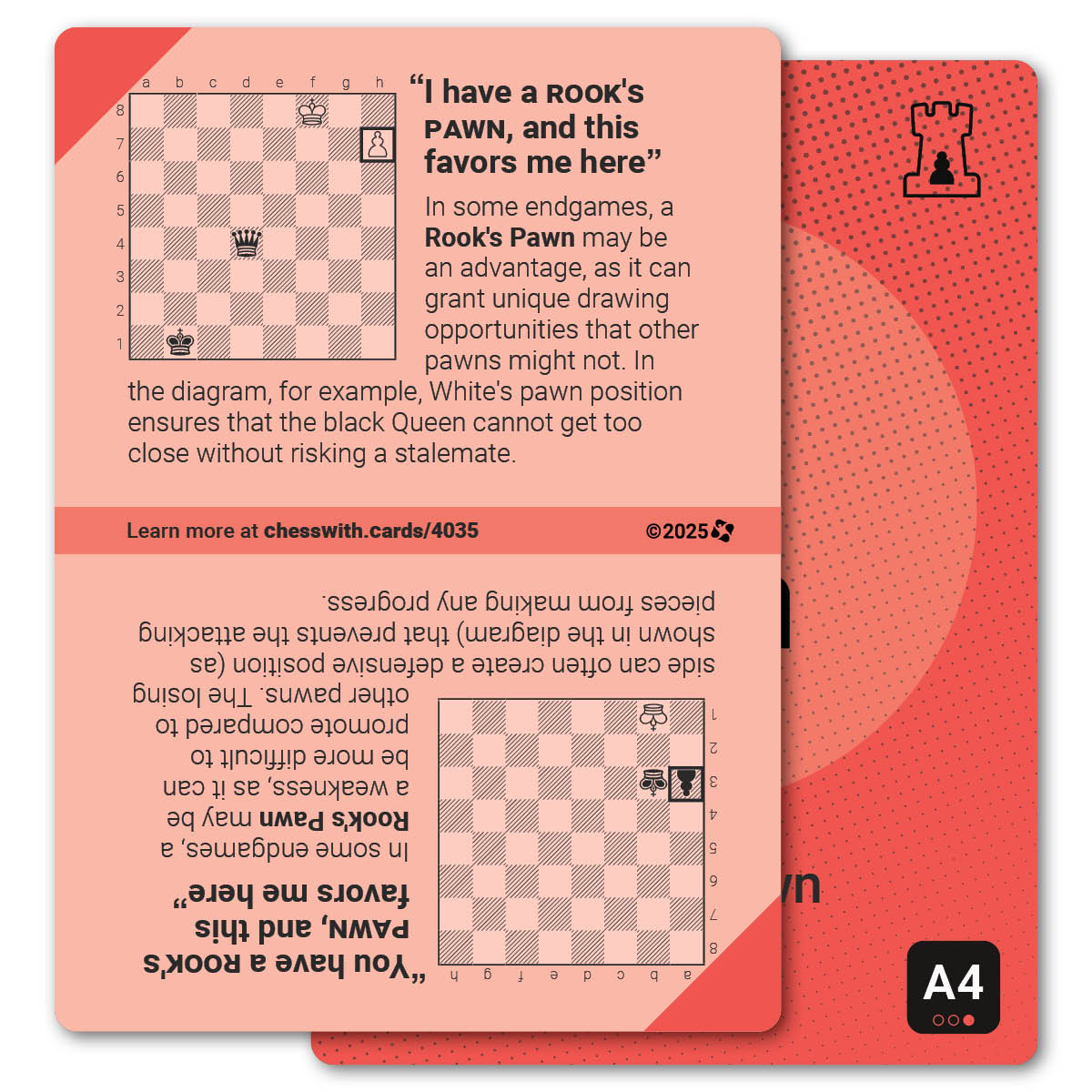 Rook's Pawn strategy card with definition, diagram and tips - back