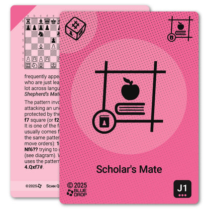 Scholar's Mate strategy card with definition, diagram and tips - front