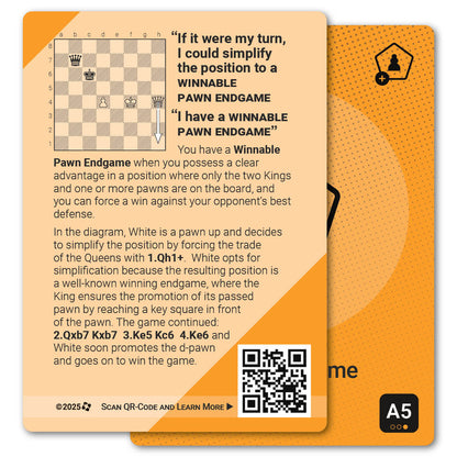 Winnable Pawn Endgame strategy card with definition, diagram and tips - back