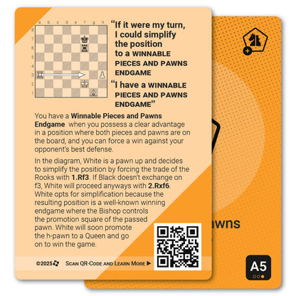 Winnable Pieces and Pawns Endgame strategy card with definition, diagram and tips - back